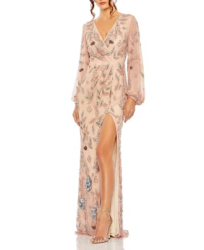 Mac Duggal Floral Beaded Surplice Gown In Rosewood