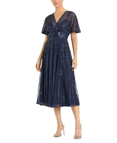 Mac Duggal Empire Waist Embellished Short Sleeve Dress In Blue