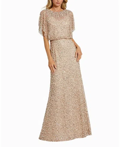 Mac Duggal Beaded Mesh Gown With Shawl In Nude Gold