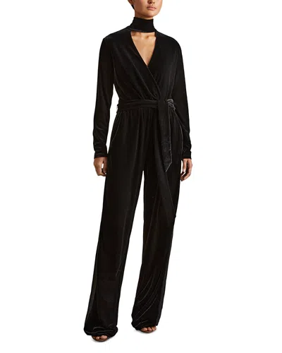 Reiss Black Vera Velvet Belted Wide Leg Jumpsuit In Black