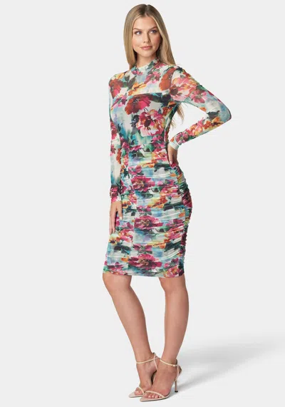 Bebe Printed Ruched Mesh Midi Dress In Falling For Floral
