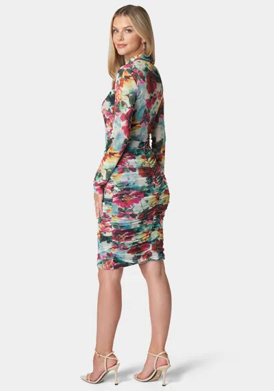 Bebe Printed Ruched Mesh Midi Dress In Falling For Floral