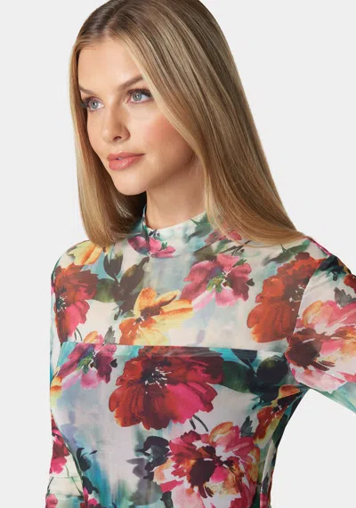 Shop Bebe Printed Ruched Mesh Midi Dress In Falling For Floral