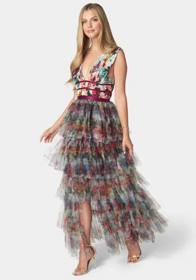 Bebe Tiered High Low Mesh Dress In Falling For Floral