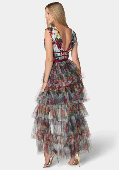 Bebe Tiered High Low Mesh Dress In Falling For Floral