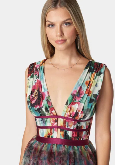 Bebe Tiered High Low Mesh Dress In Falling For Floral