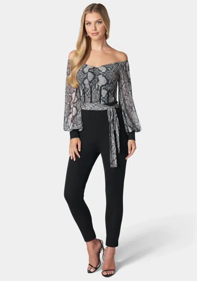 Bebe Mesh Off Shoulder Catsuit In Snake,black