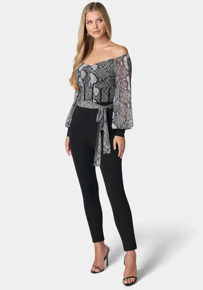 Bebe Mesh Off Shoulder Catsuit In Snake,black