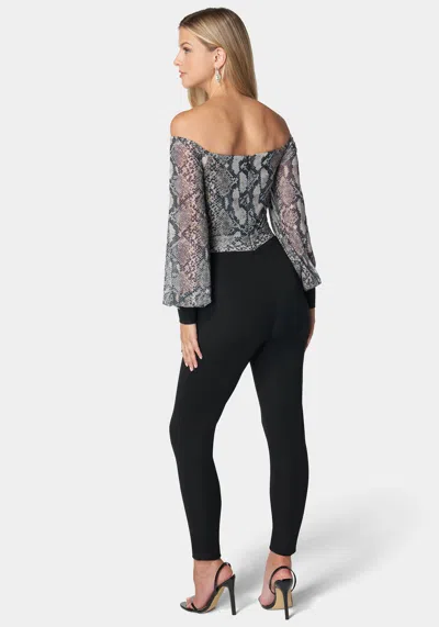 Bebe Mesh Off Shoulder Catsuit In Snake,black
