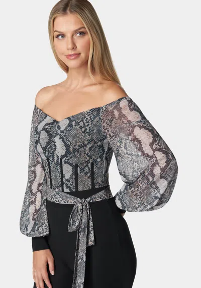 Bebe Mesh Off Shoulder Catsuit In Snake,black