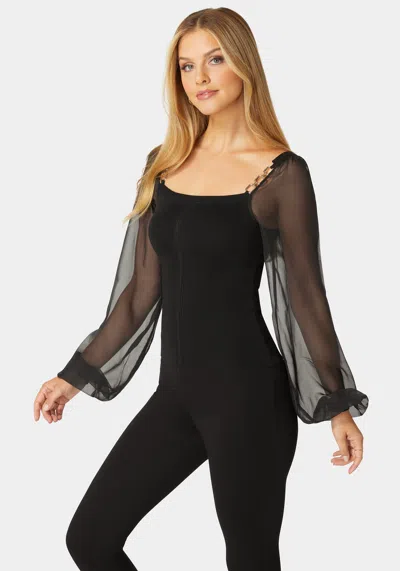 Bebe Chiffon Combo Balloon Sleeve Sweater In Black