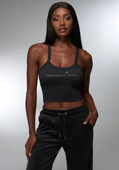 Bebe Rhinestone Logo Bra Tank In Black