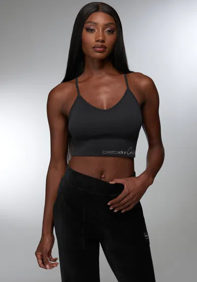 Bebe Rhinestone Logo V Neck Bra Tank In Black