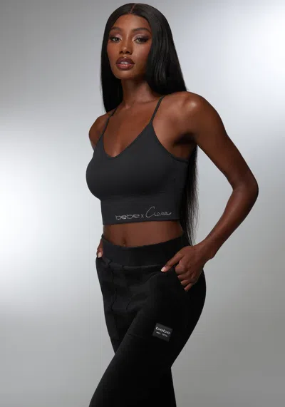 Bebe Rhinestone Logo V Neck Bra Tank In Black