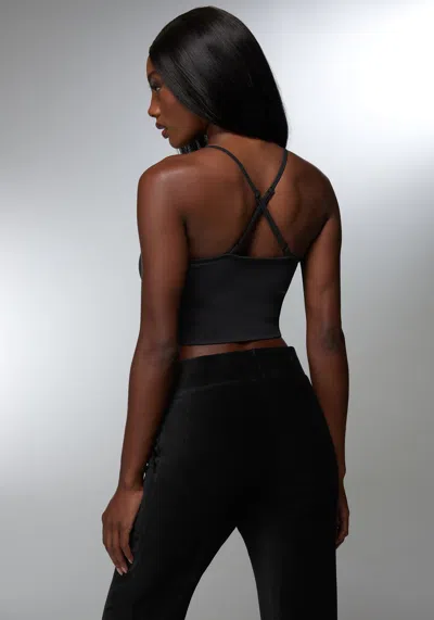 Bebe Rhinestone Logo V Neck Bra Tank In Black