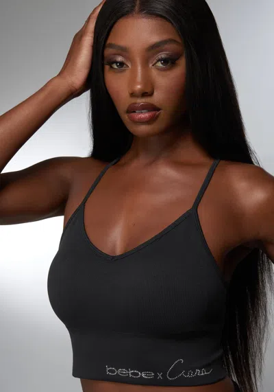 Bebe Rhinestone Logo V Neck Bra Tank In Black