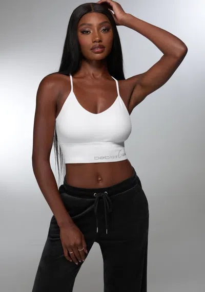 Bebe Rhinestone Logo V Neck Bra Tank In White