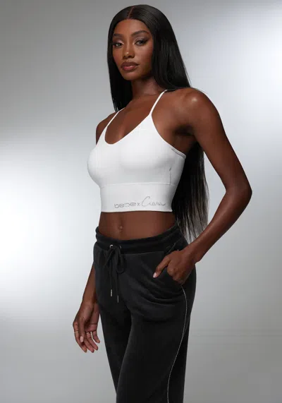 Bebe Rhinestone Logo V Neck Bra Tank In White