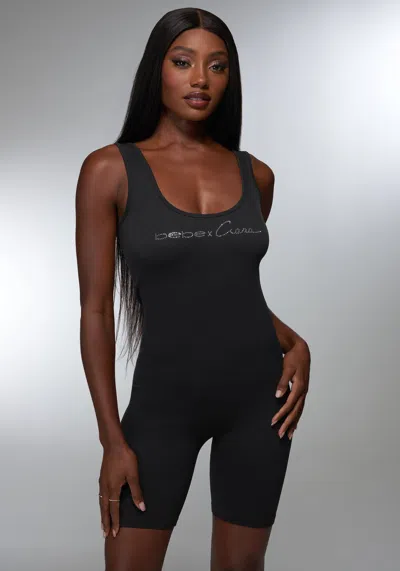 Bebe Rhinestone Logo Romper In Black