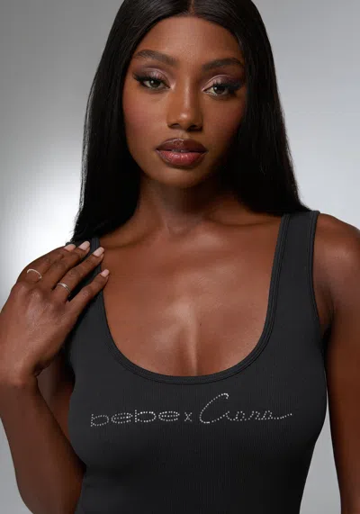 Bebe Rhinestone Logo Romper In Black
