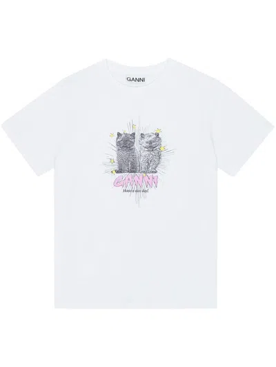 Ganni White Crewneck T-shirt With Logo Print On The Front In Cotton Woman In White