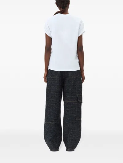 Ganni White Crewneck T-shirt With Logo Print On The Front In Cotton Woman In White