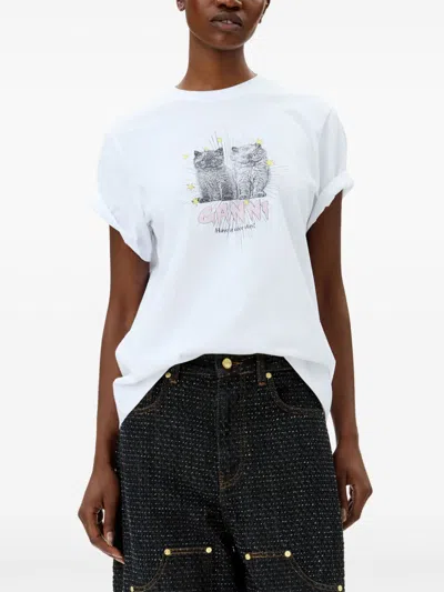 Ganni White Crewneck T-shirt With Logo Print On The Front In Cotton Woman In White