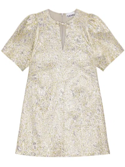 Ganni Metallic Cloque A-shaped Mini Dress In Gold Silver In Gold