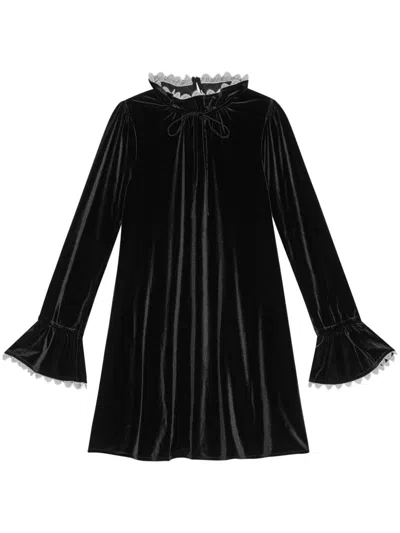 Ganni Womens Bow-trim A-line Velvet Stretch Recycled-polyester Mini Dress Black In Black