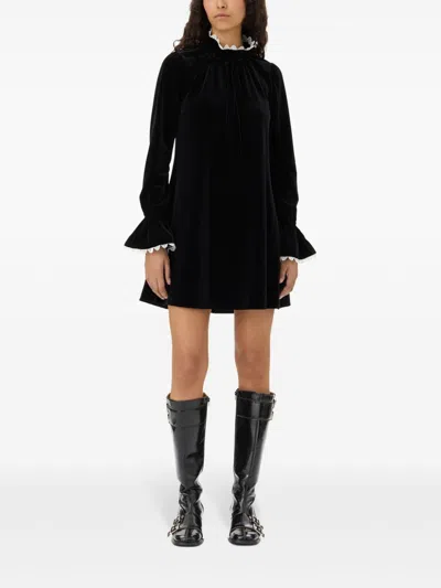 Ganni Womens Bow-trim A-line Velvet Stretch Recycled-polyester Mini Dress Black In Black