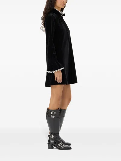 Ganni Womens Bow-trim A-line Velvet Stretch Recycled-polyester Mini Dress Black In Black