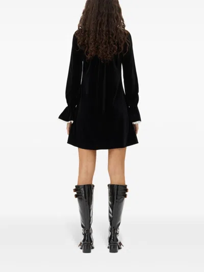 Ganni Womens Bow-trim A-line Velvet Stretch Recycled-polyester Mini Dress Black In Black