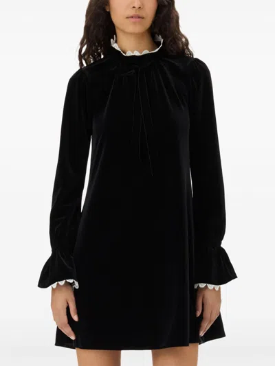 Ganni Womens Bow-trim A-line Velvet Stretch Recycled-polyester Mini Dress Black In Black