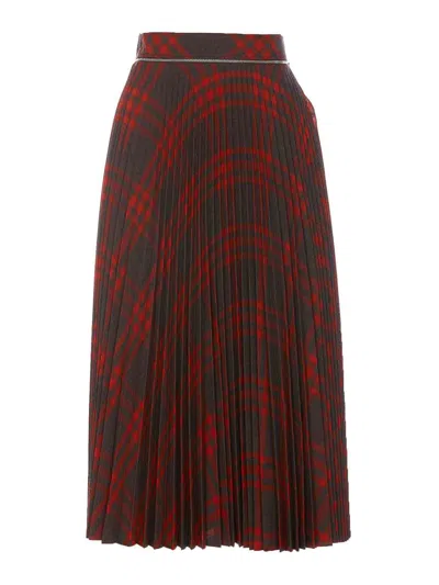 Burberry Pleated Check Midi Skirt In Red