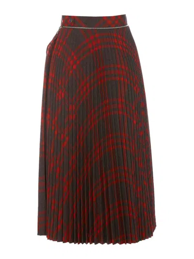 Burberry Pleated Check Midi Skirt In Red