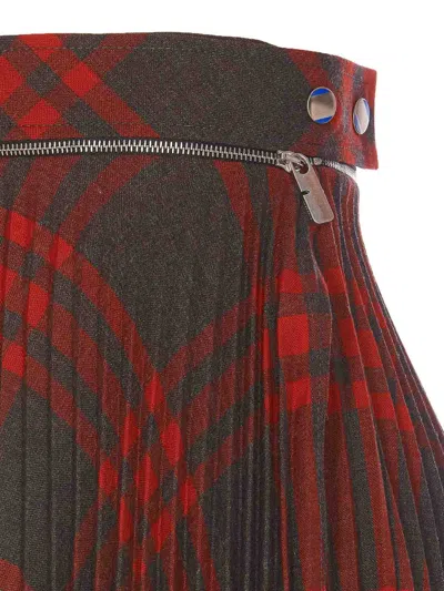 Burberry Pleated Check Midi Skirt In Red