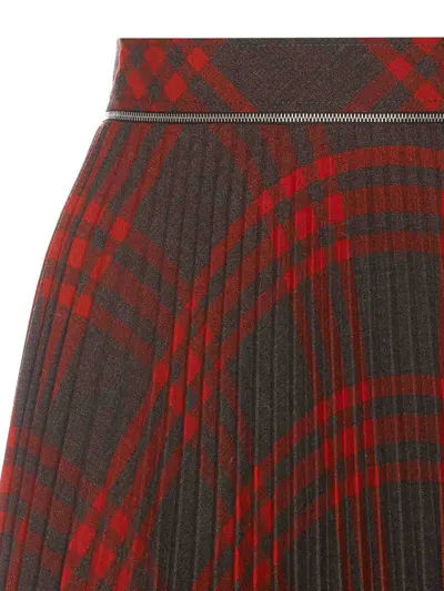Burberry Pleated Check Midi Skirt In Red
