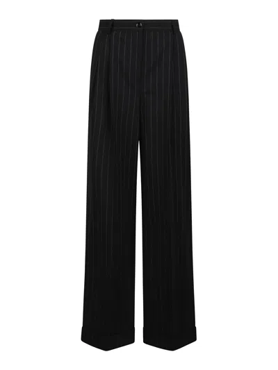 Dolce & Gabbana Pinstripe Virgin Wool Straight Pants In Black