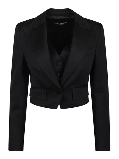 Dolce & Gabbana Wool Blend Cropped Tuxedo Jacket In Black