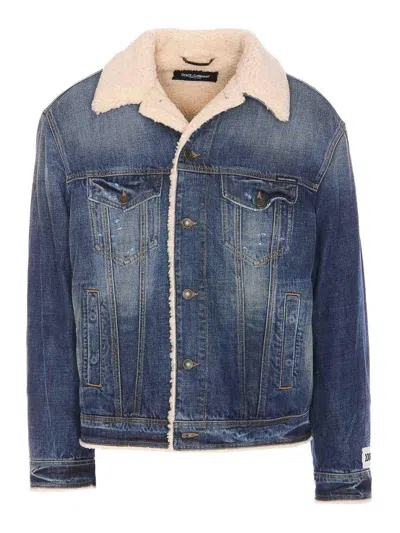 Dolce & Gabbana Buttoned Denim Jacket With Faux Shearling Finish In Blue
