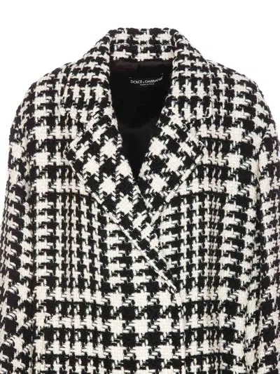 Dolce & Gabbana Black And White Coat With All-over Check Motiv In Wool Blend In White