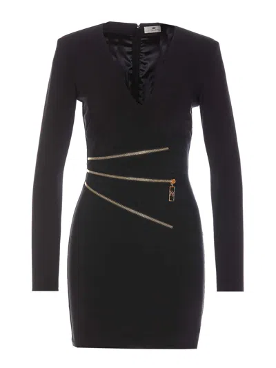 Elisabetta Franchi Deep V-neck Dress With Gold Zipper Detail In Black