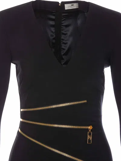 Elisabetta Franchi Deep V-neck Dress With Gold Zipper Detail In Black