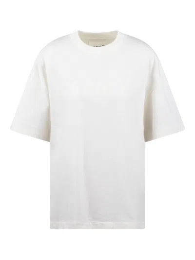 Jil Sander White Crewneck T-shirt With Tonal Logo Print On The Front In Beige