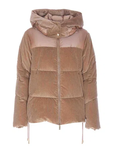Moorer Quilted Velvet Hooded Jacket With Corduroy Panels In Brown