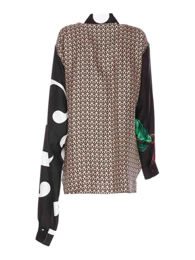 Moschino Multicolor Silk Shirt With Asymmetrical Long Sleeve In Brown
