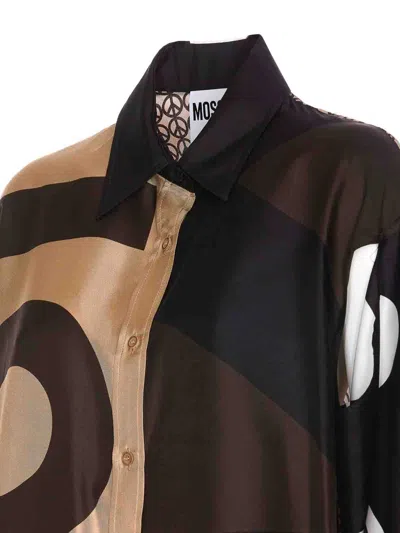 Moschino Multicolor Silk Shirt With Asymmetrical Long Sleeve In Brown