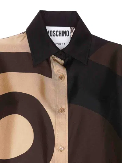 Moschino Multicolor Silk Shirt With Asymmetrical Long Sleeve In Brown
