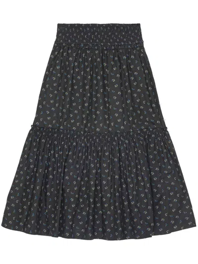 Ganni Floral-print Smock Maxi Skirt In Black