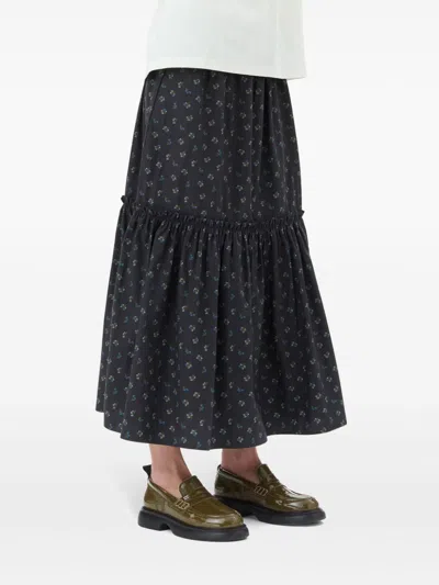 Ganni Floral-print Smock Maxi Skirt In Black